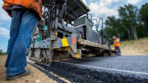 Two people in safety vests performing an asphalt paving service.